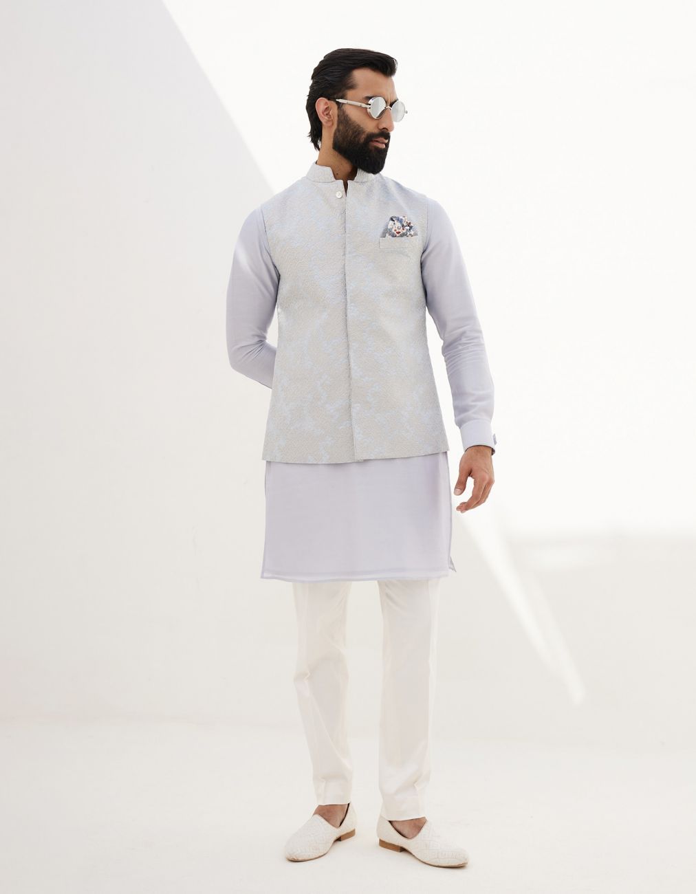 Sky Blue Banarasi Double Scallop Nehru Jacket