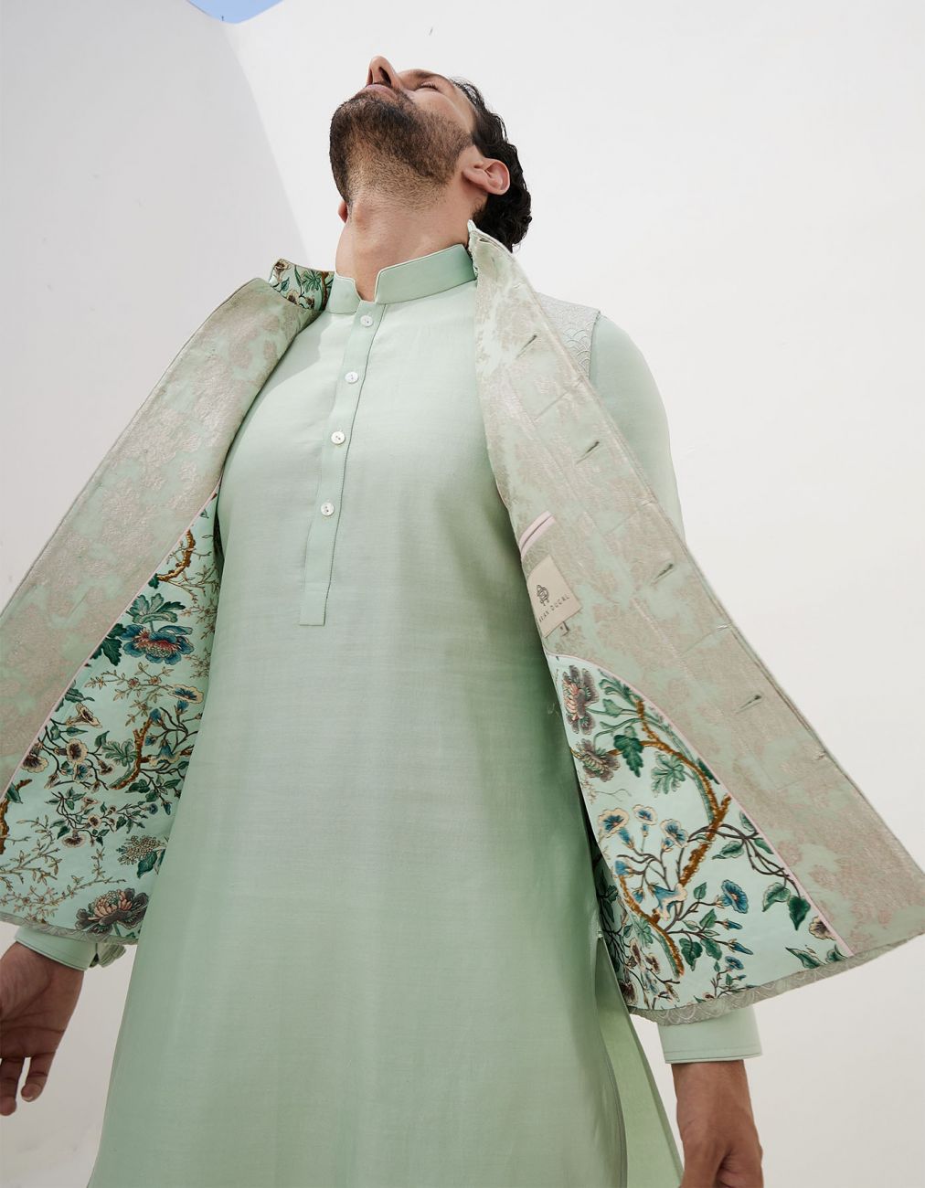 Sage Green Banarasi Double Scallop Nehru Jacket