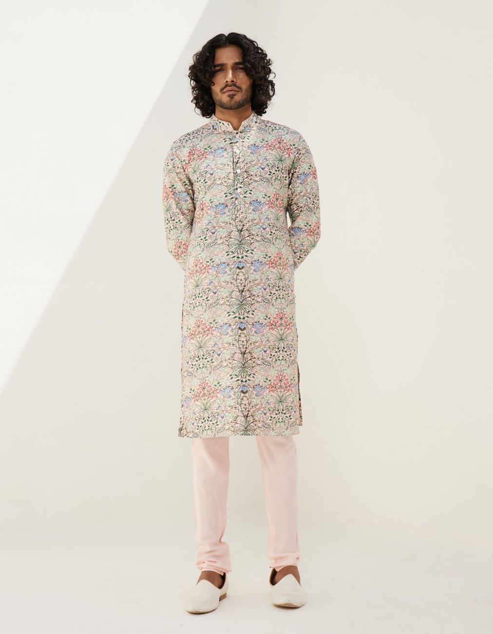 Powder Pink Chanderi Silk Tropikal Kurta With Churidar