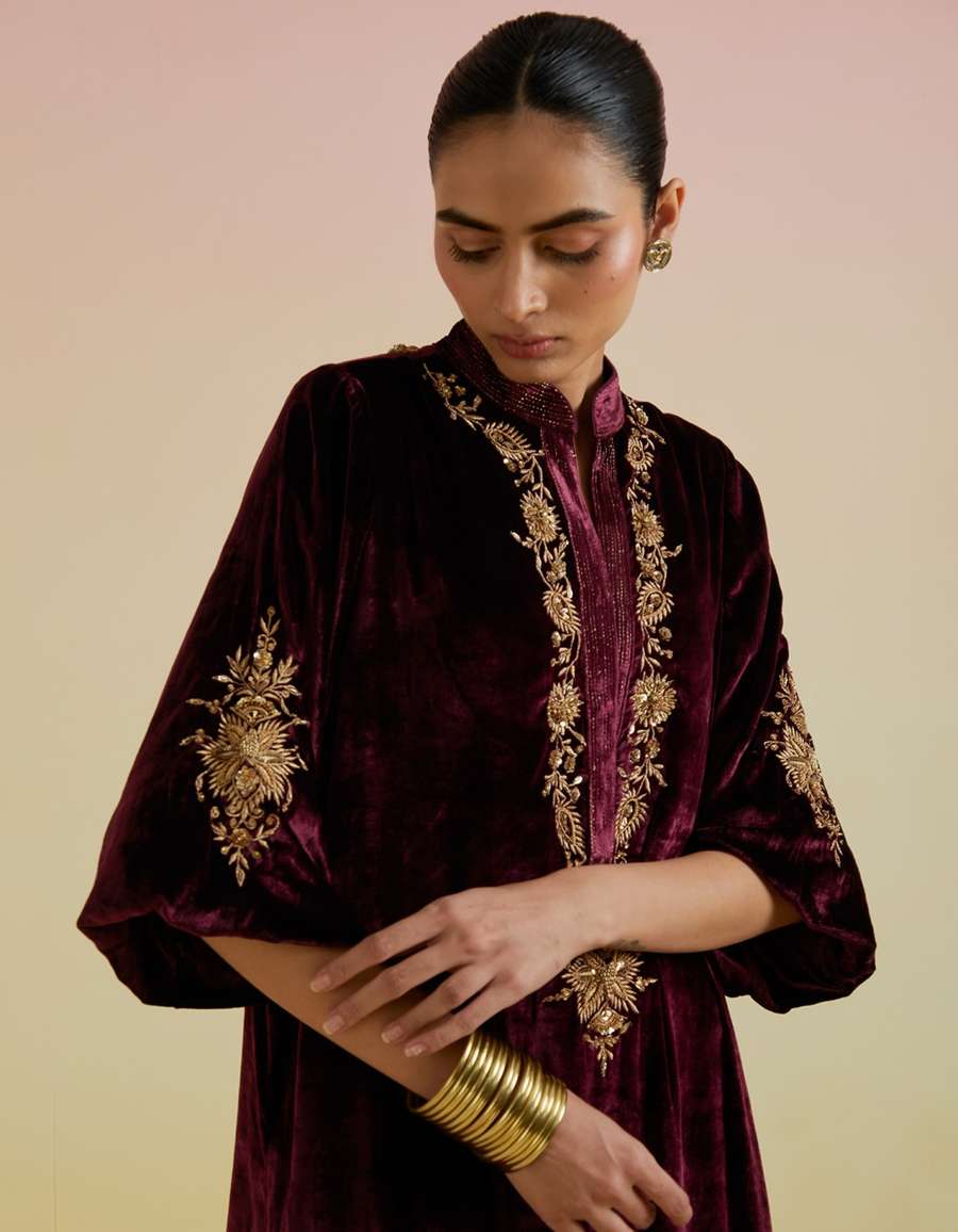 Anaya Velvet Kurta with Pants in Wine