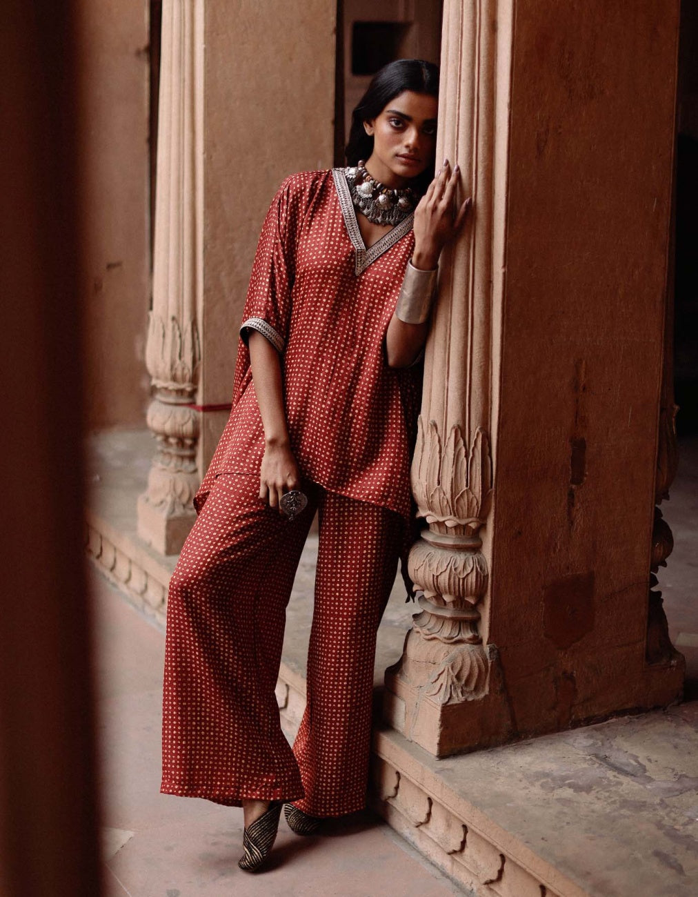 Maroon Handblock Printed Short Kaftan Set