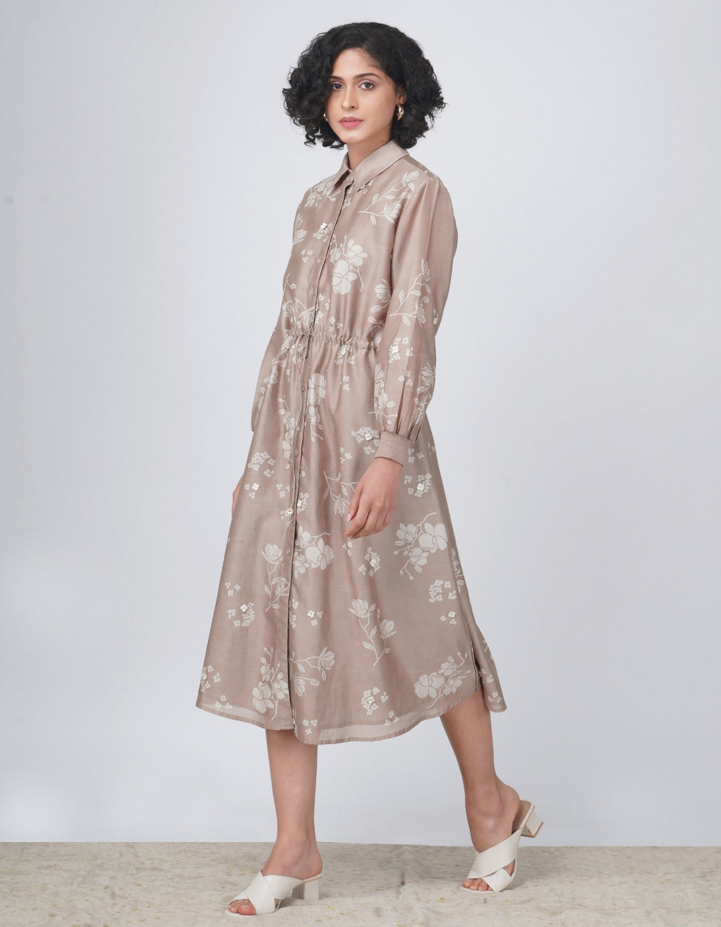 Beige Silk Chanderi Tie Up Dress