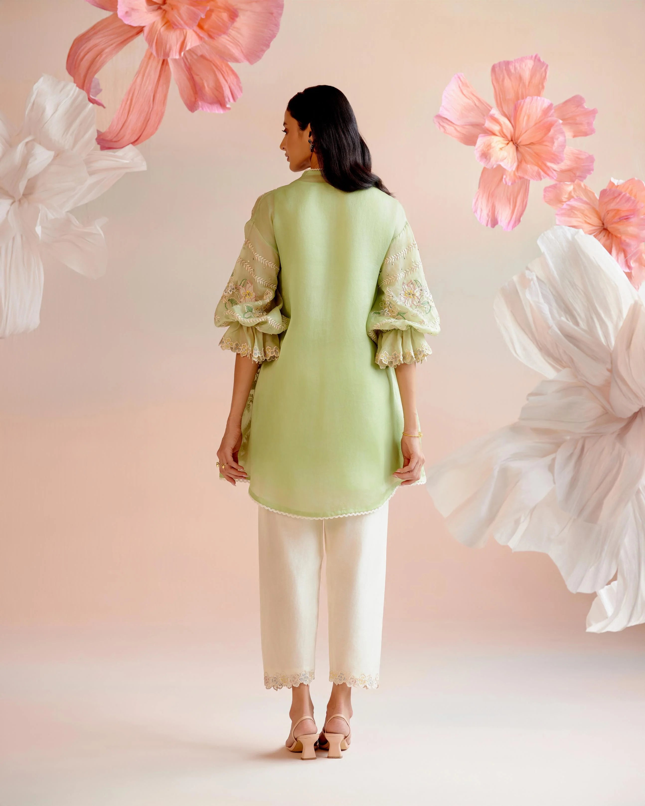 Mint Green Contrast Paisley Embroidered Tunic With Ivory Embroidered Tulip Pants