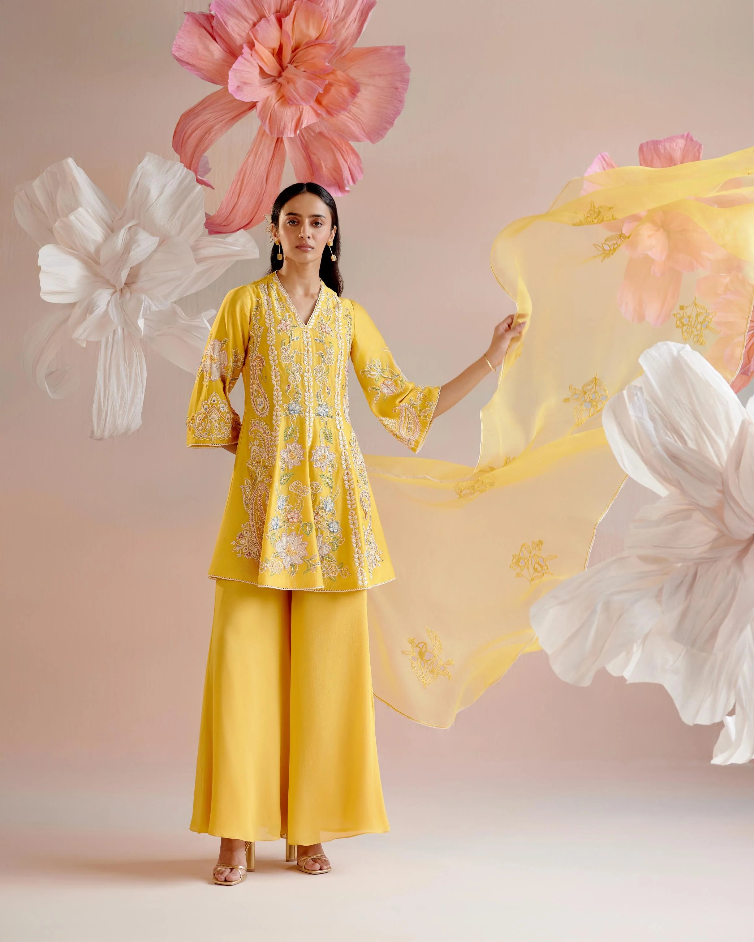 Yellow Floral Cutwork Dupatta