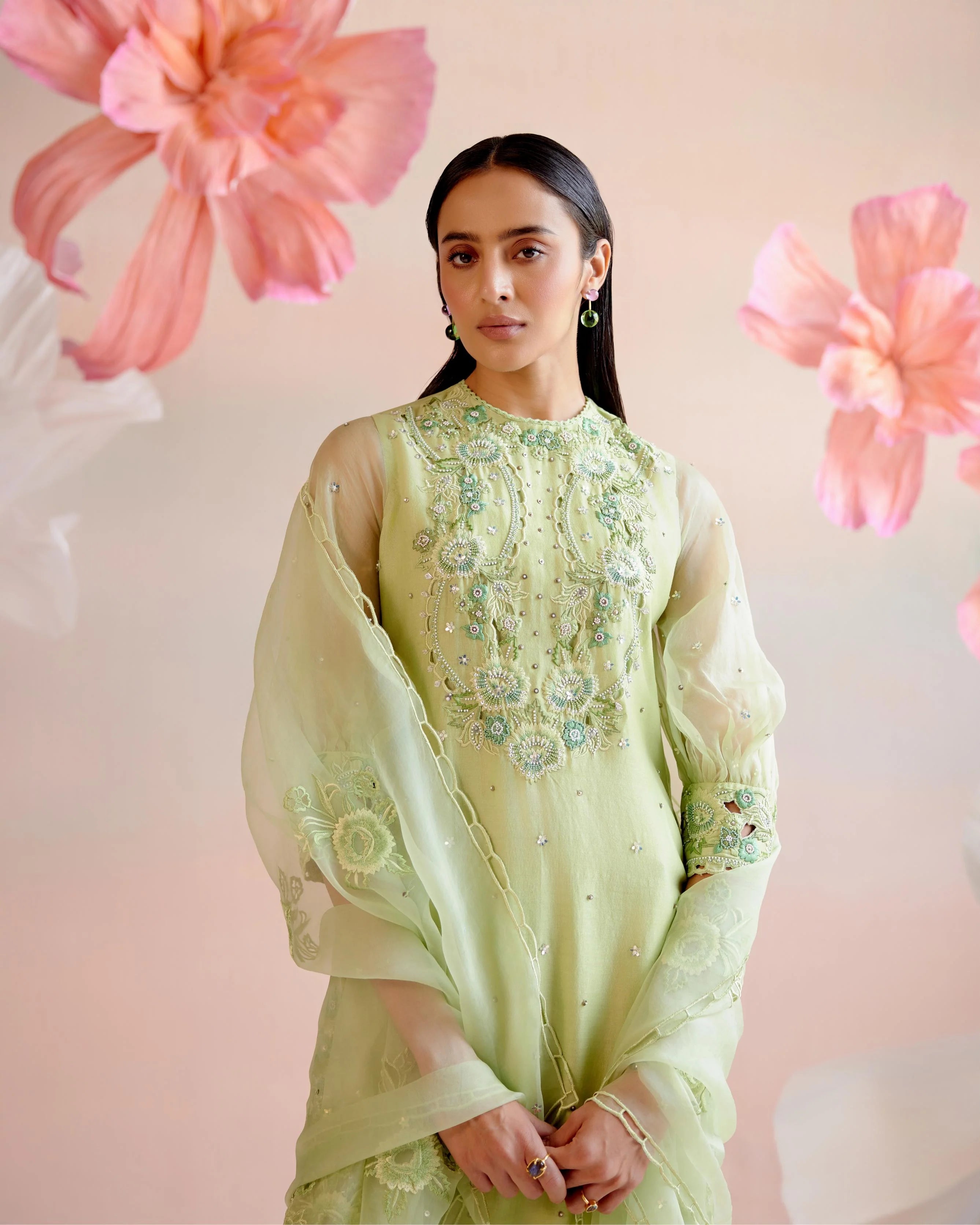 Mint Green Multi Tonal Cutwork Kurta With Embroidered Pants