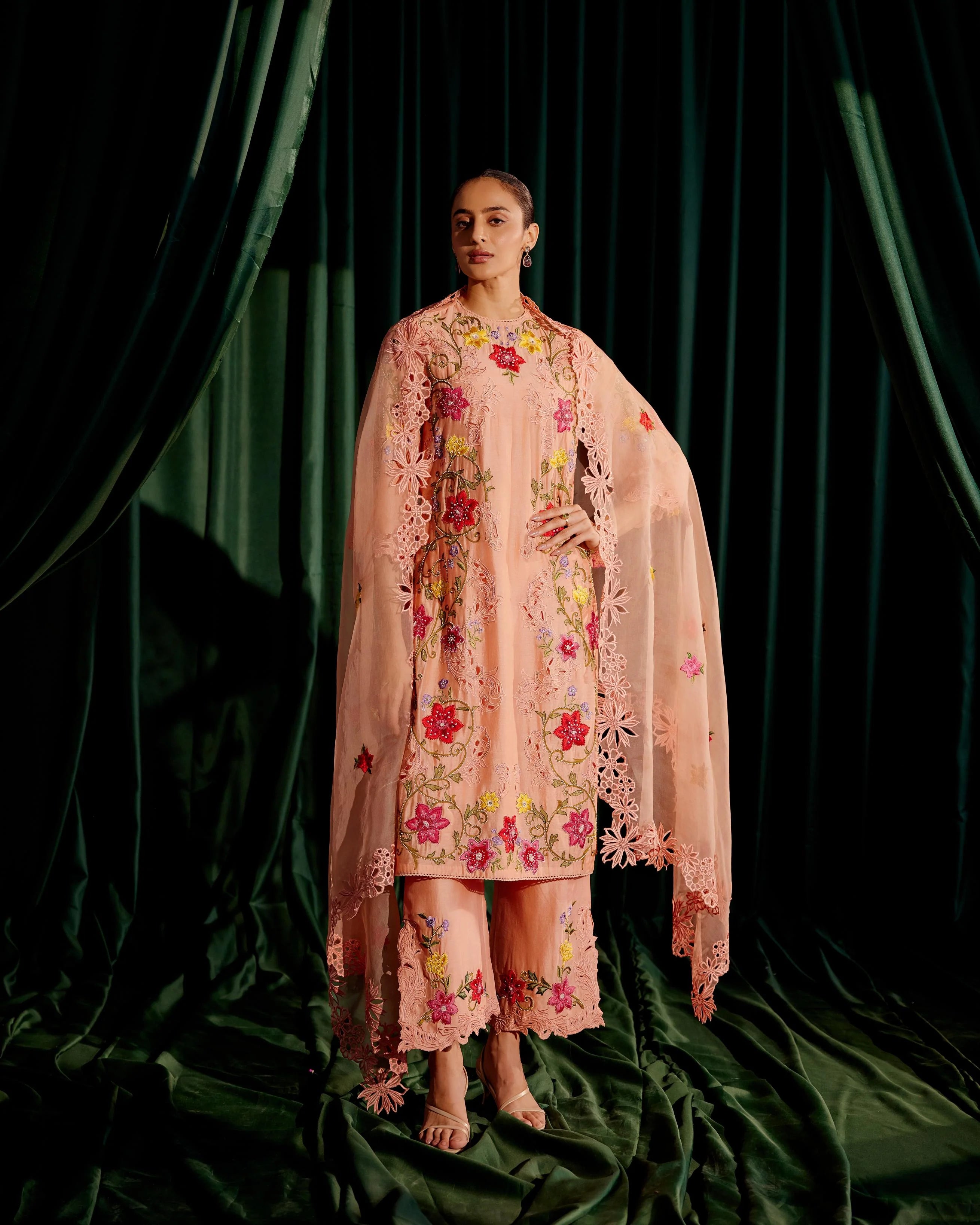 Apricot Multi Color Floral Embroidered Dupatta