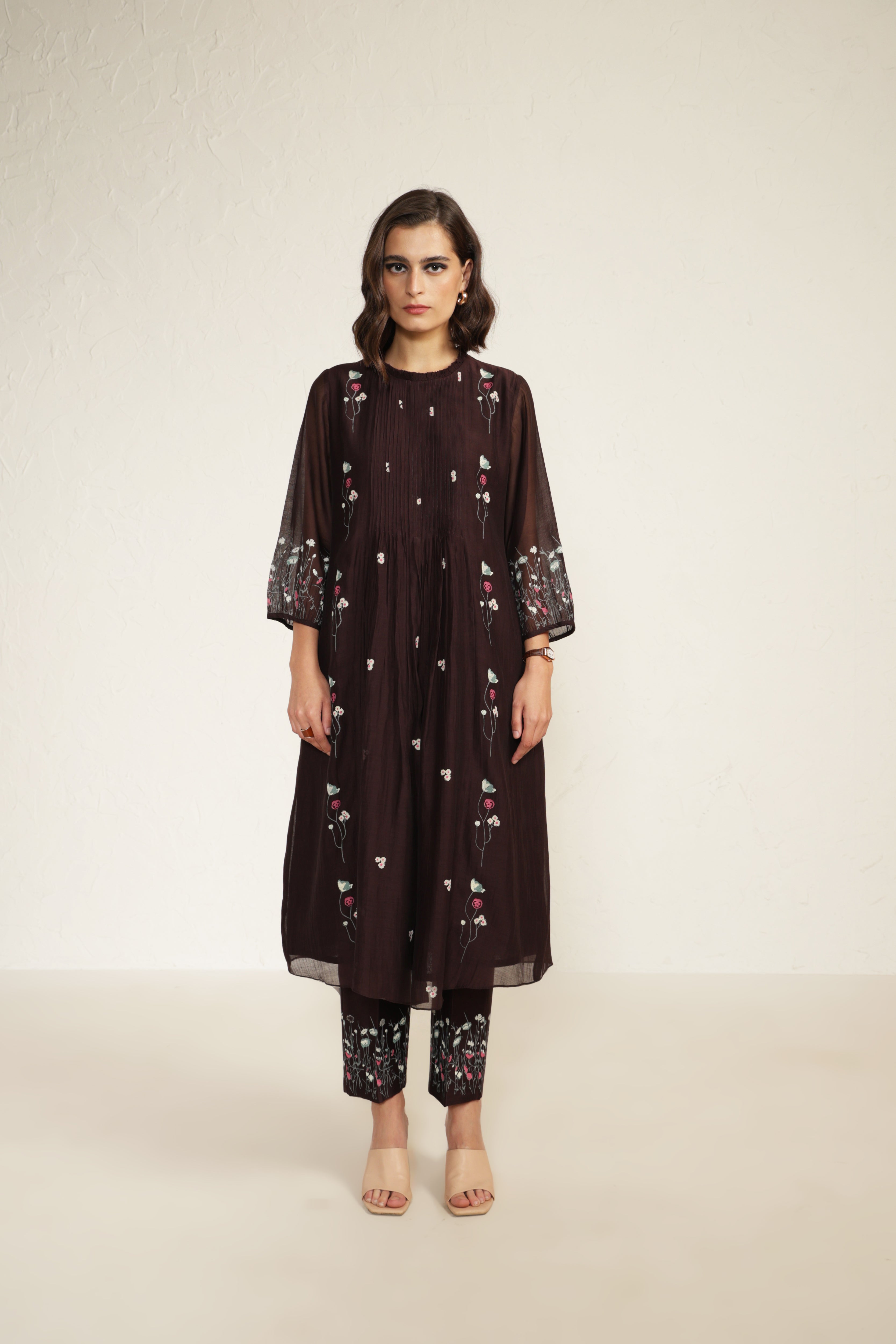 Grape Mul Chanderi Pleated Tunic with Straight Printed Pants in Silk Chanderi