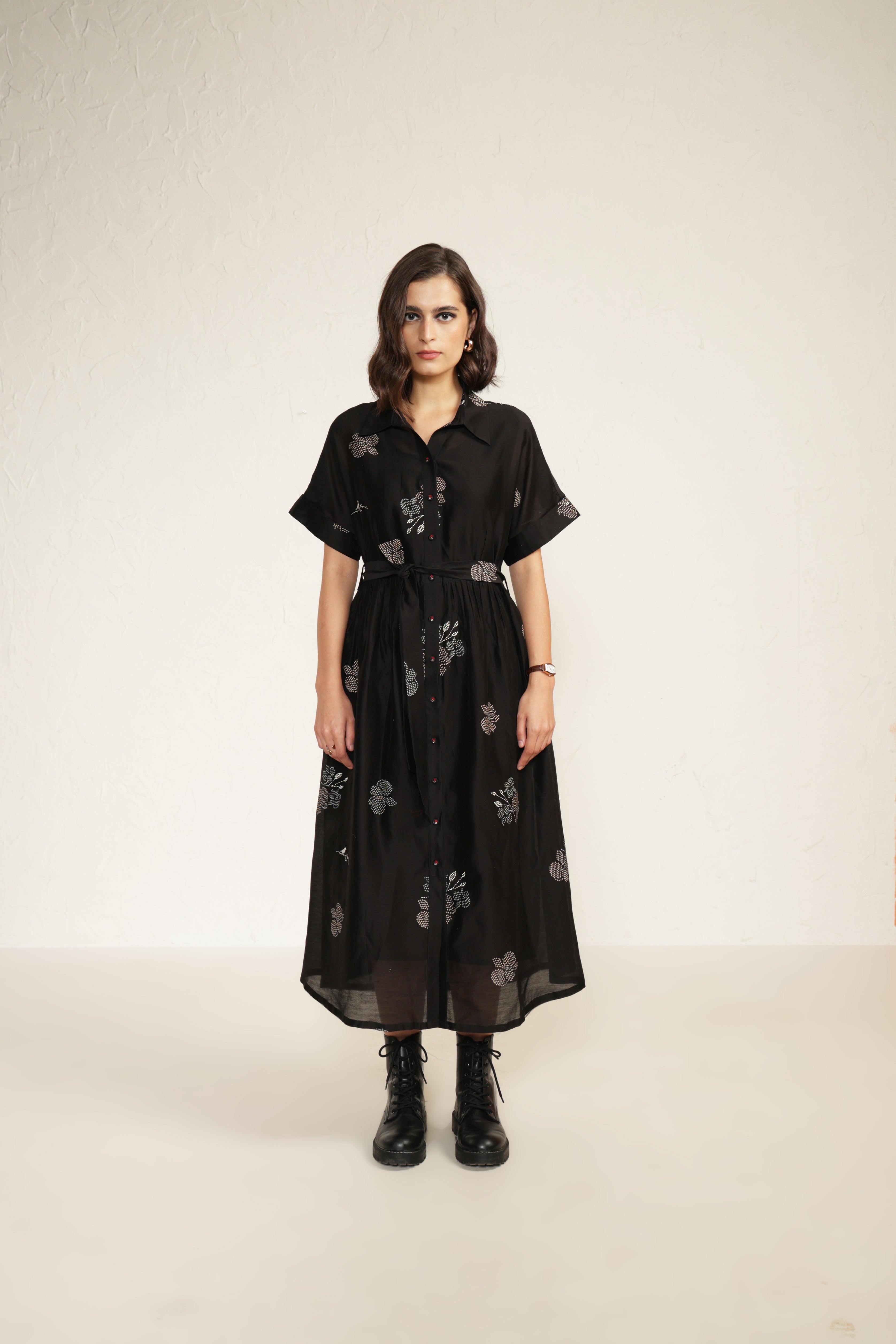 Drop Shoulder Printed Dress in Silk Chanderi with Embroidery