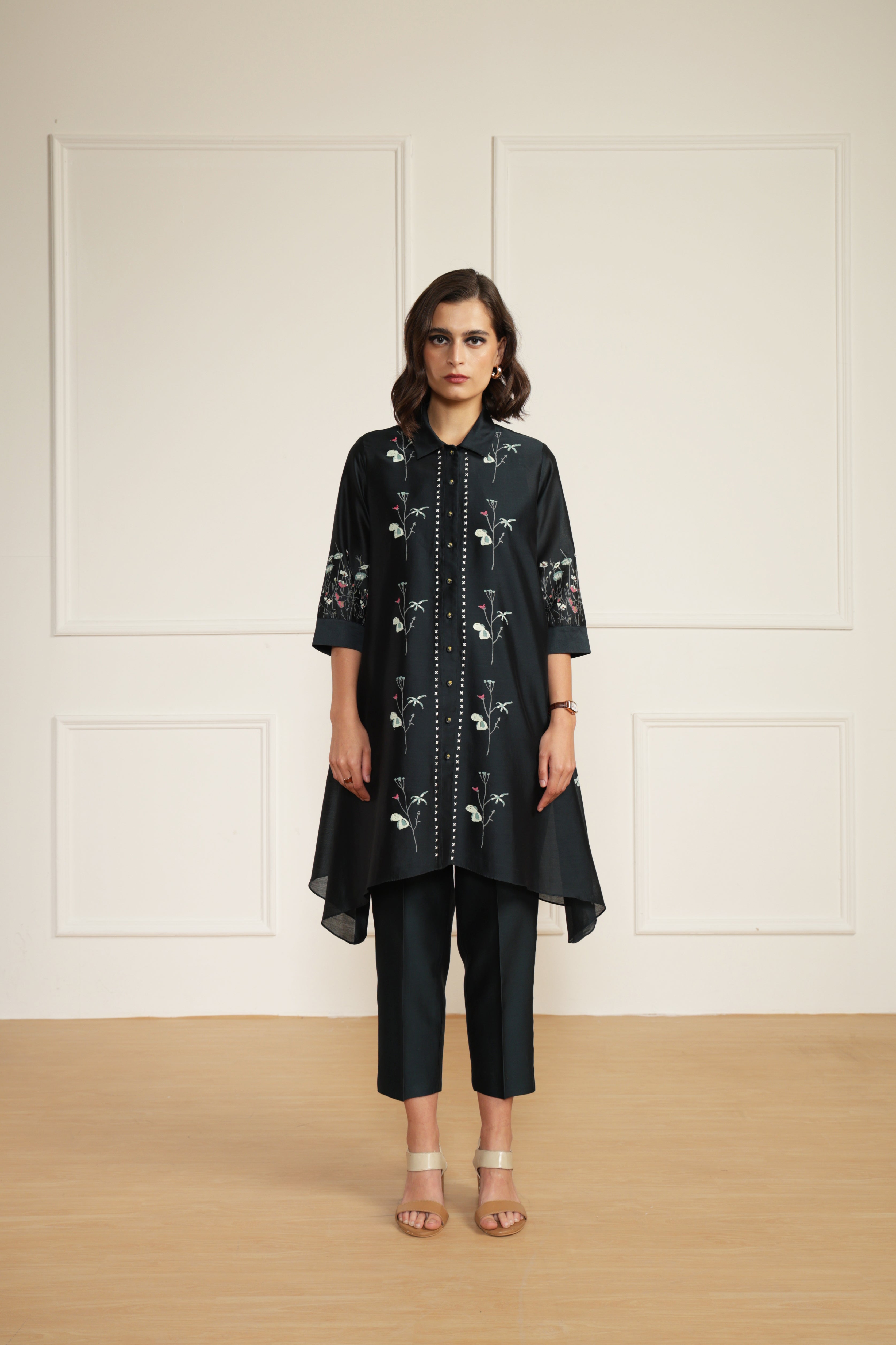 Indigo Silk Chanderi Shirt with Embroidery And Silk Chanderi Pants