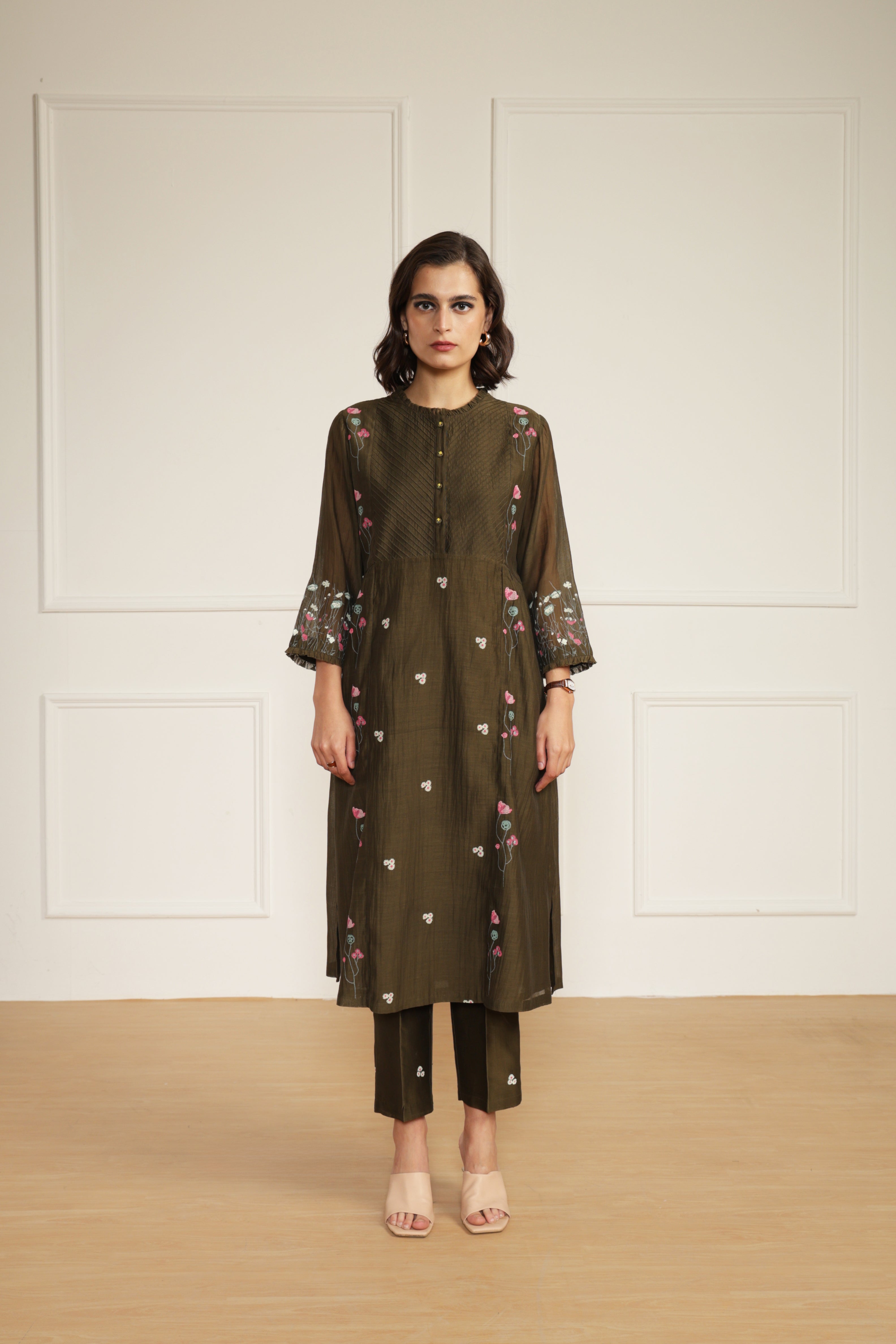 Olive Mul Chanderi Pin Tuck Tunic with Straight Printed Pants in Silk Chanderi