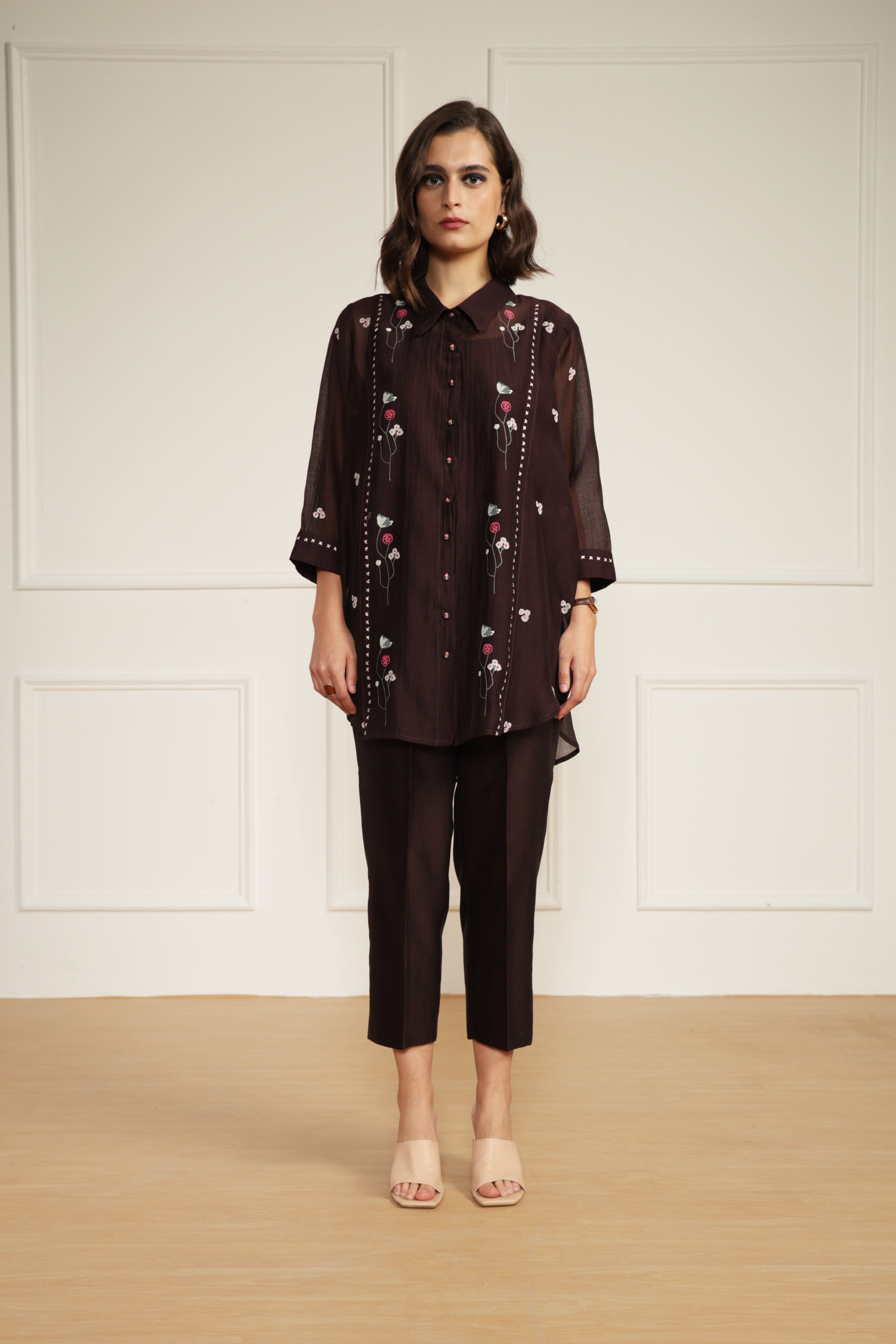Grape Mul Chanderi Shirt with Embroidery And Silk Chanderi Straight Pants