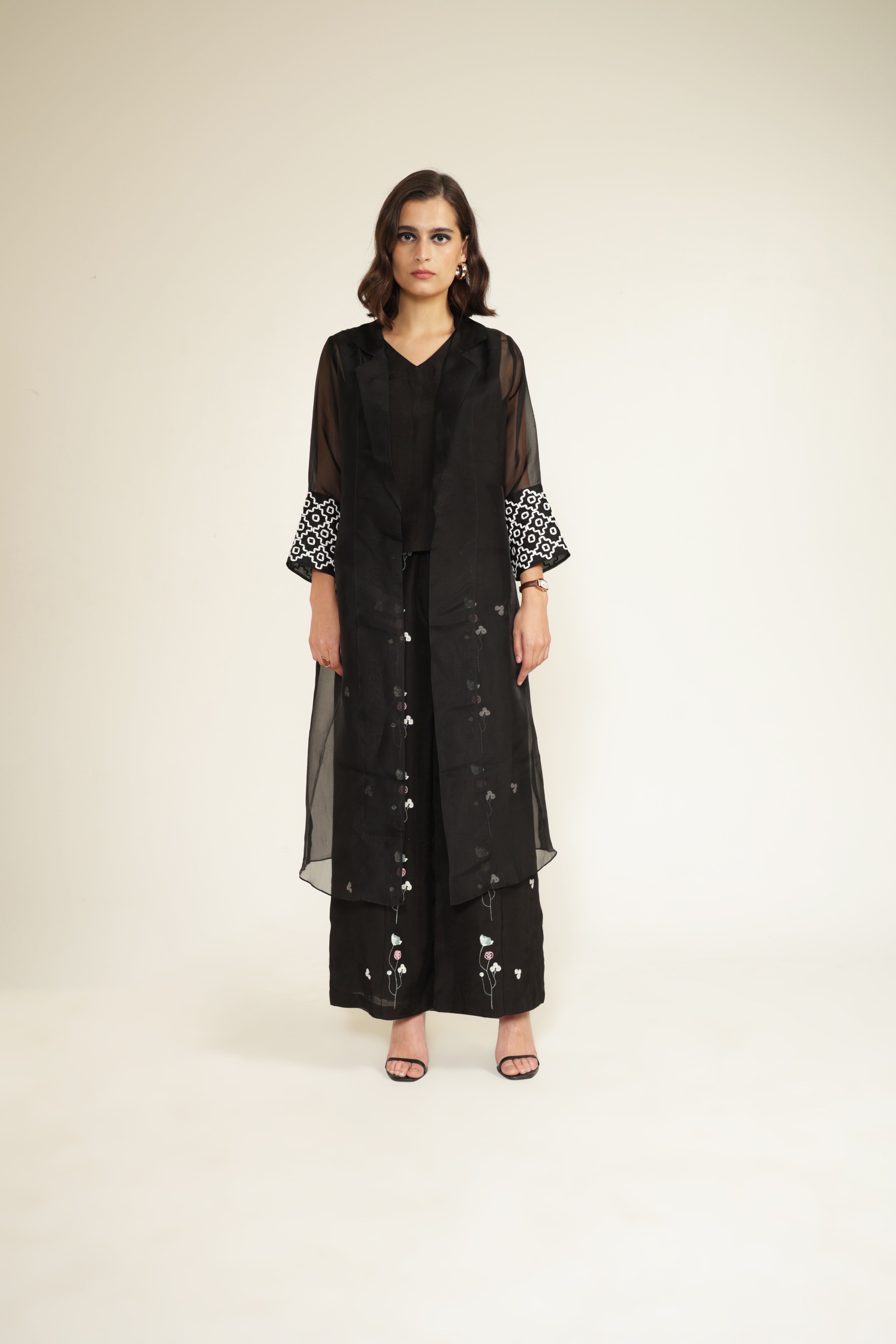 Black Organza Jacket with Embroided Sleeves and Printed Flared Pants in Linen