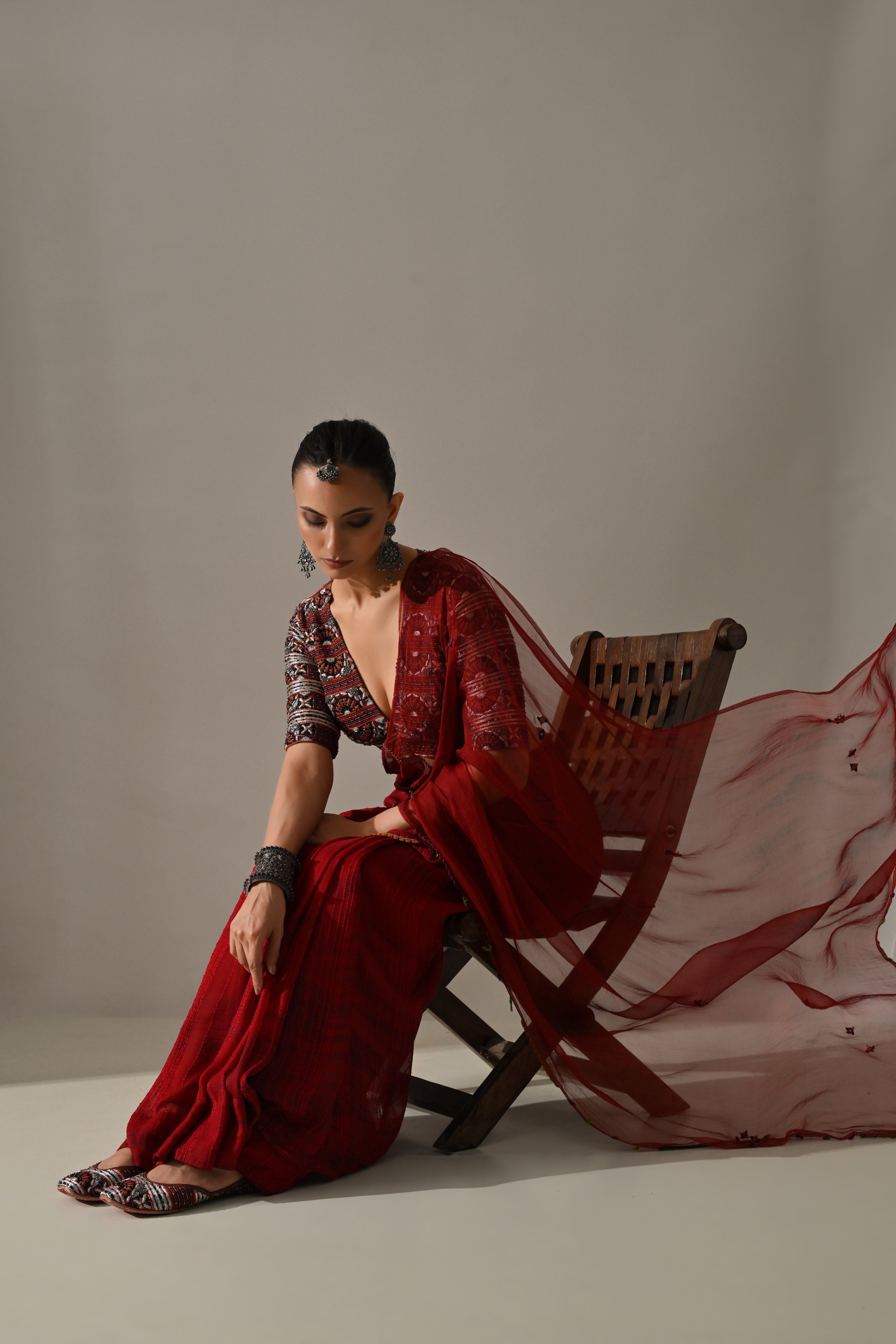 Deep Red Textured Hand Work Saree Set