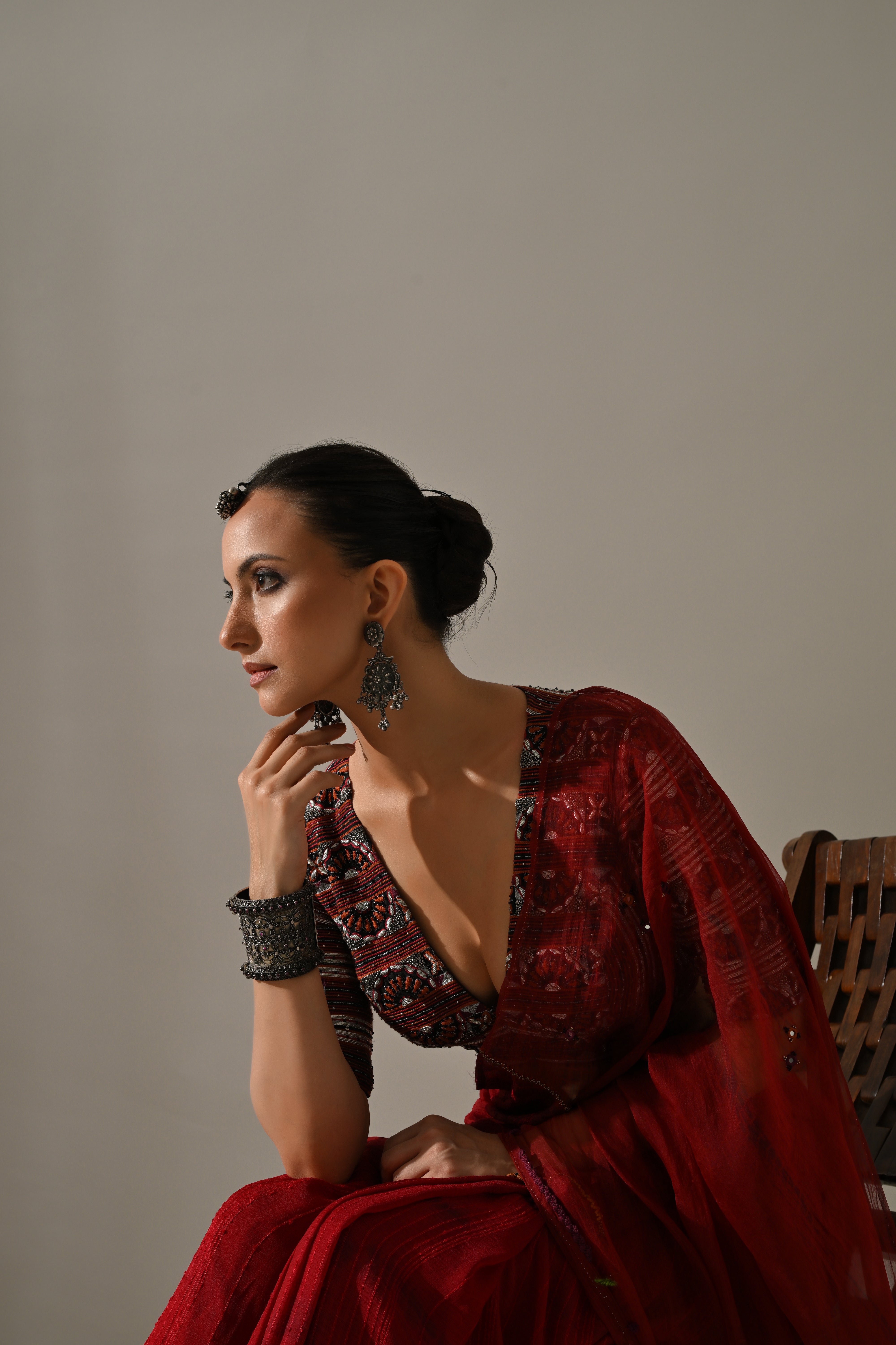 Deep Red Textured Hand Work Saree Set