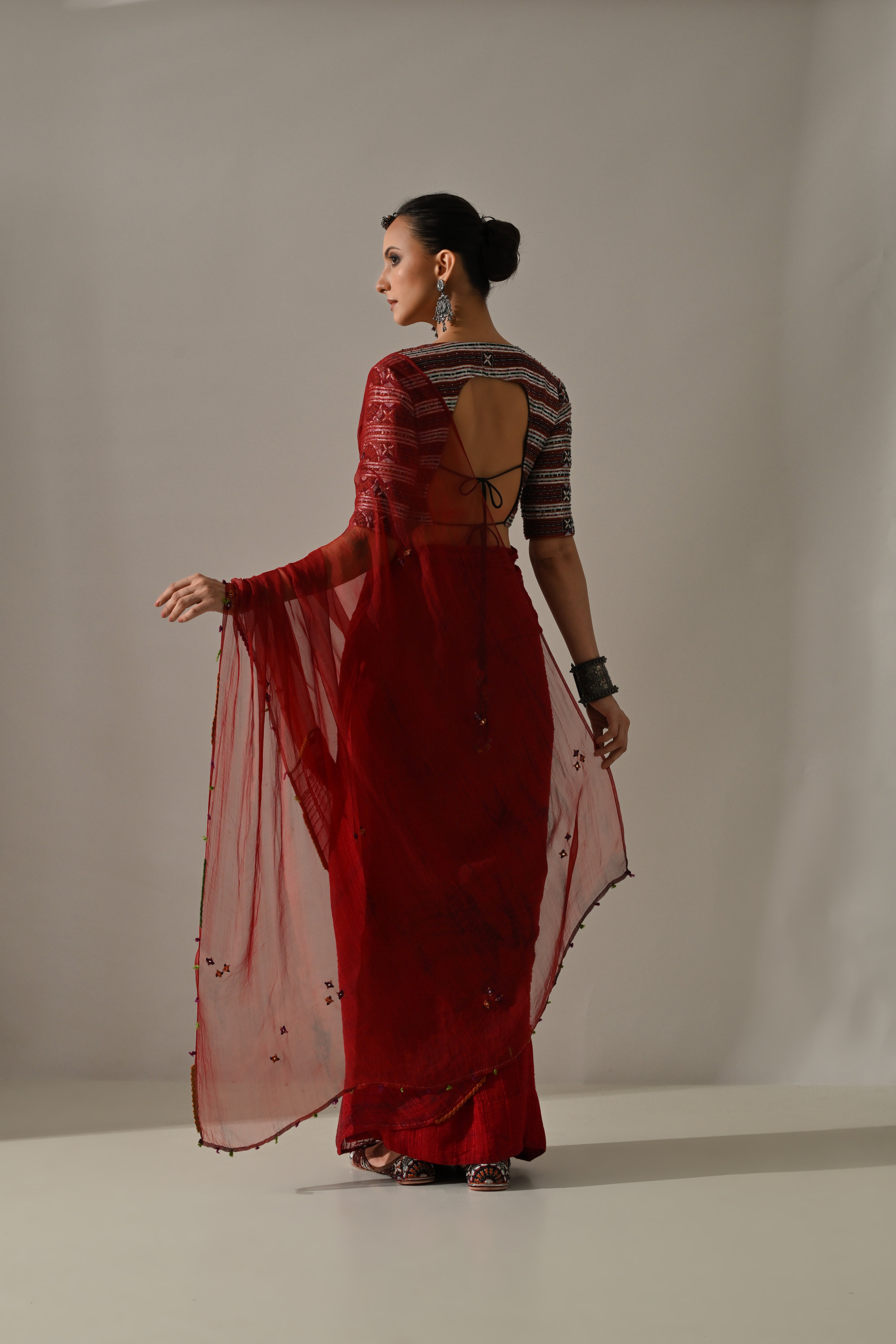 Deep Red Textured Hand Work Saree Set