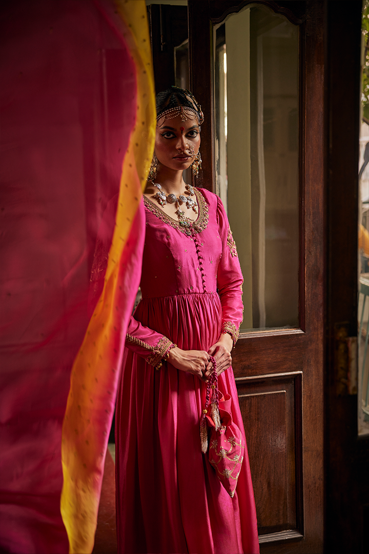 Luxurious Rani Pink Silk Embroidered Anarkali Suit Set with Organza Dupatta