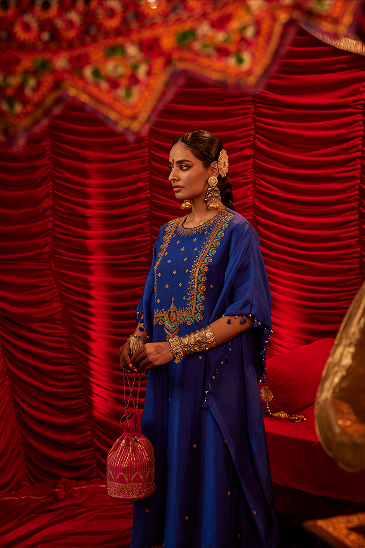 Elegant Chandani Blue Silk Kaftan & Pant Set with Marodi Resham Embroidery