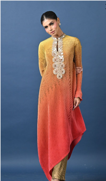 Yellow-Coral Pleated Printed Embroidered Kurta