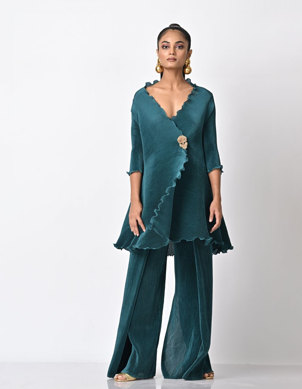 Blue Green Pleated Wrap Dress With Zardozi Motif
