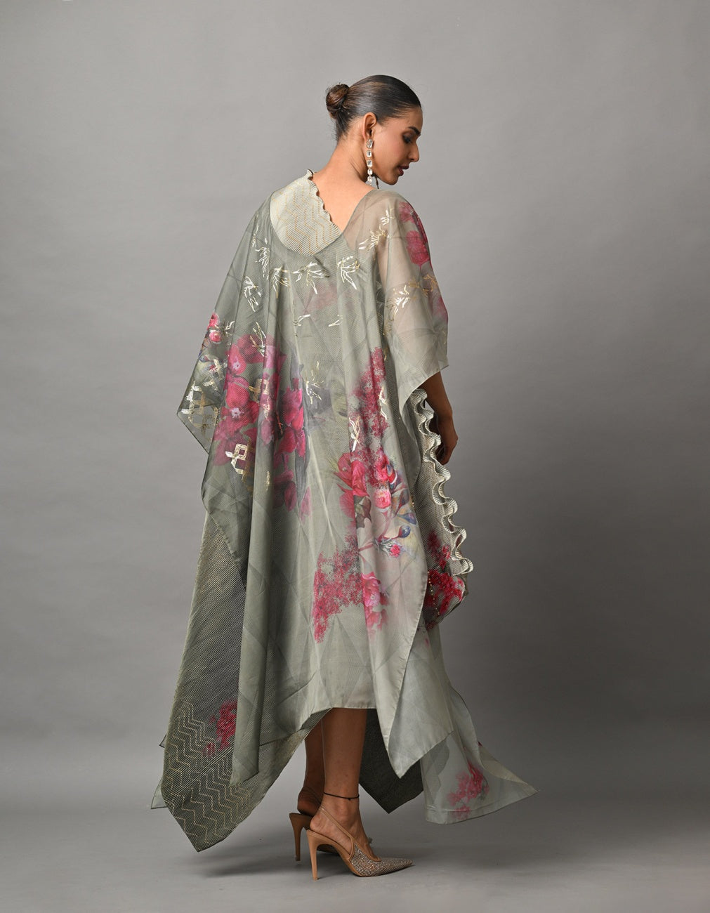 Olive Bogainvilla Printed Organza Drape
