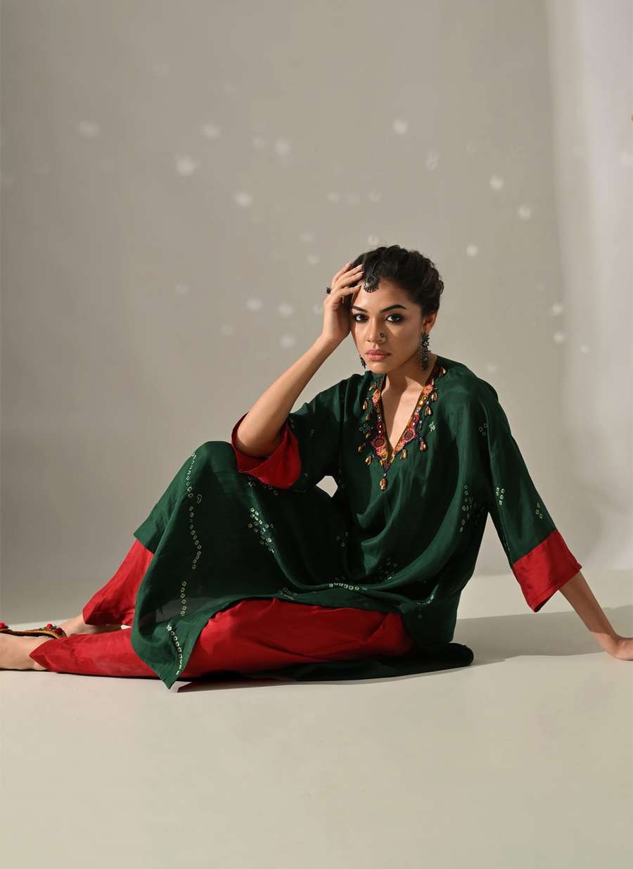 Green Red Bandhani Kurta Set