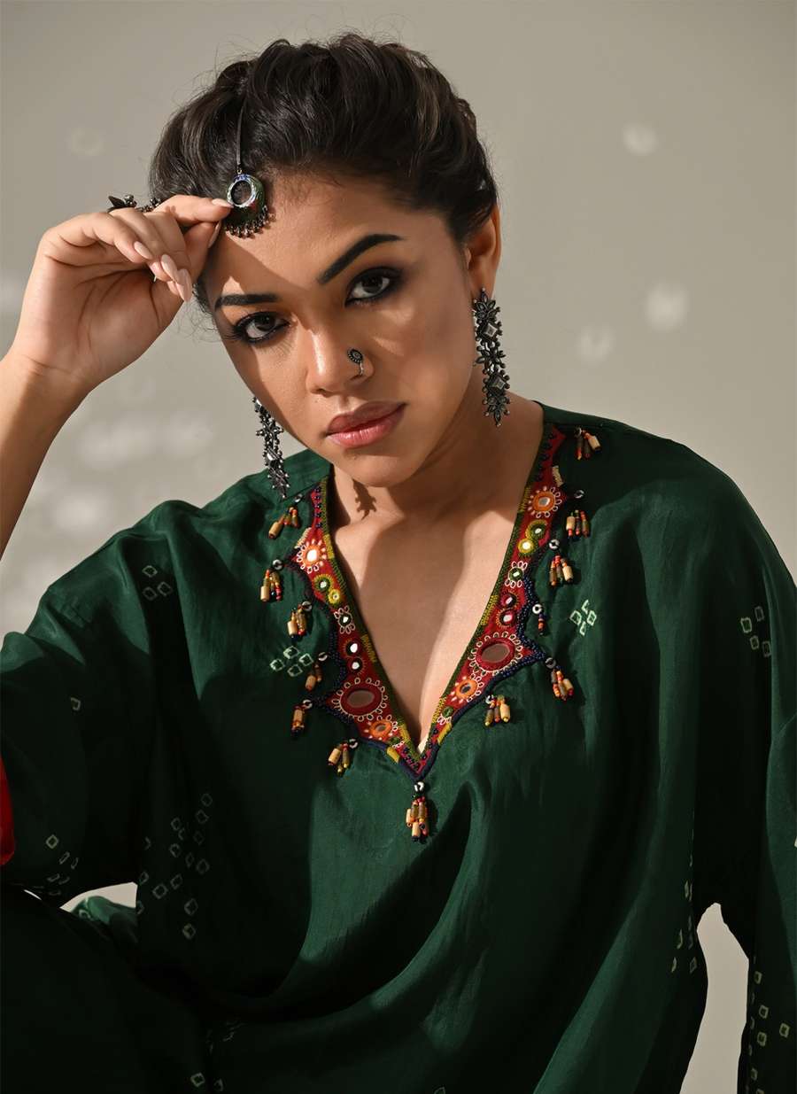 Green Red Bandhani Kurta Set