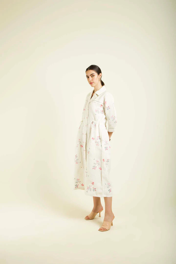 Ivory Printed Side Gathered Shirt Dress In Linen