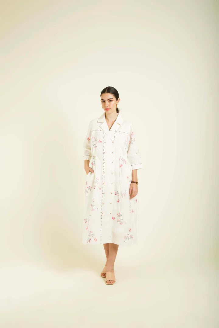 Ivory Printed Side Gathered Shirt Dress In Linen