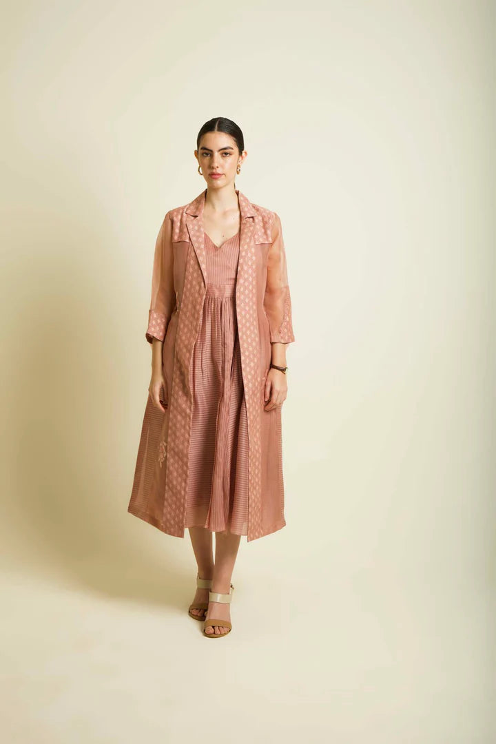 Almond Organza Embroided Jacket With Strap Dress In Stripe Organza