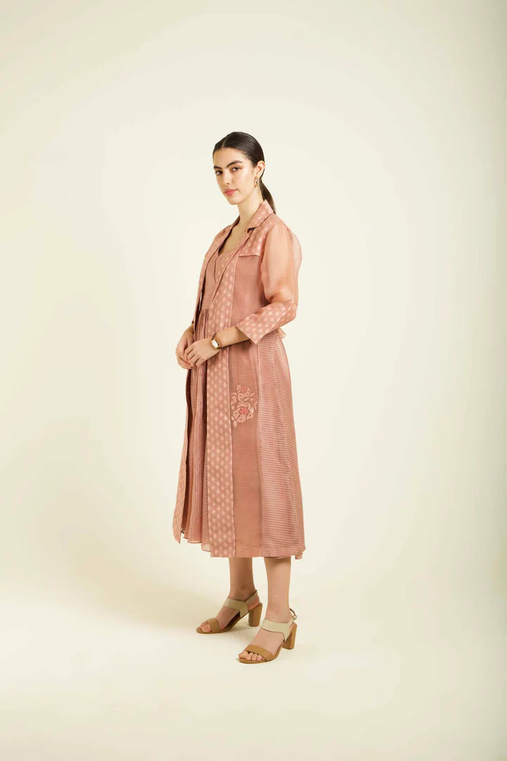 Almond Organza Embroided Jacket With Strap Dress In Stripe Organza