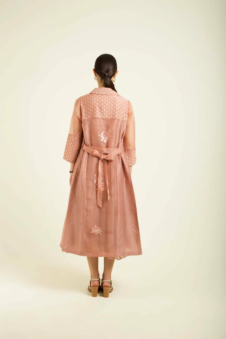 Almond Organza Embroided Jacket With Strap Dress In Stripe Organza