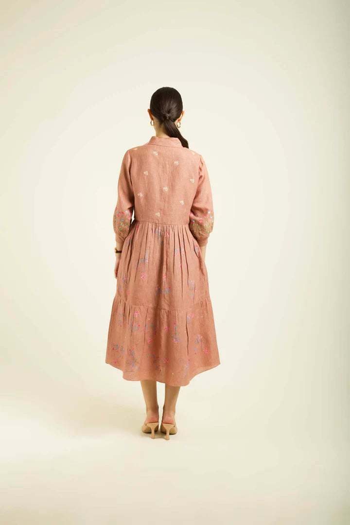 Almond Printed Gathered Dress In Linen With Embroidery Details