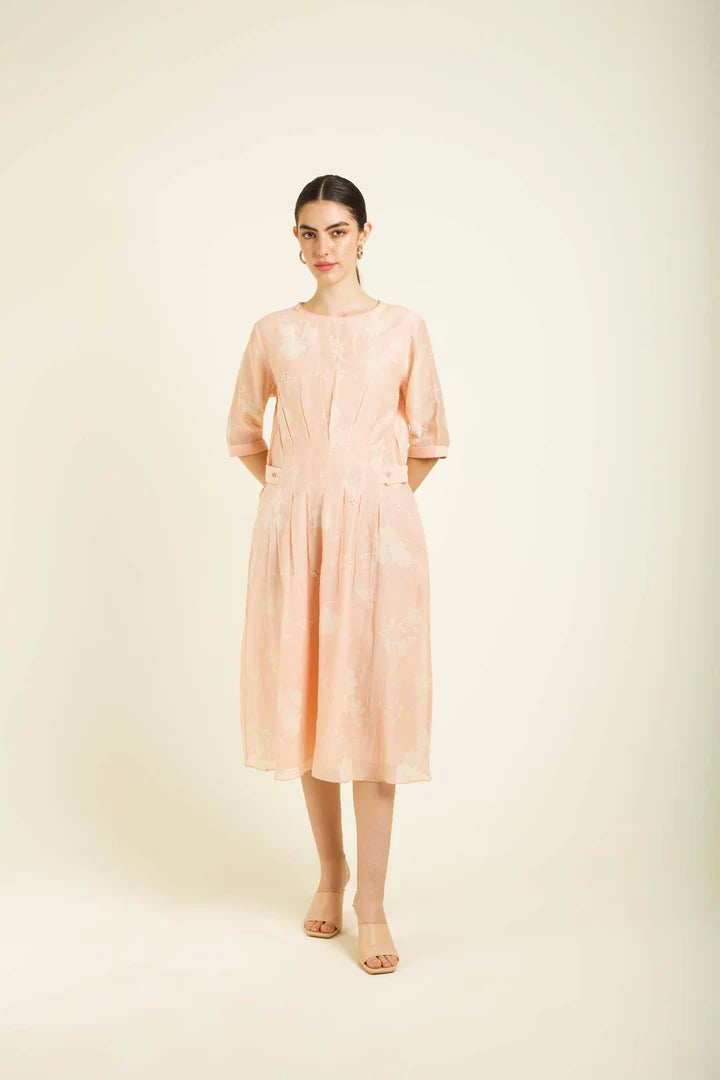 Old Rose Bon Pleated Dress In Mul Chanderi With Embroidery Details