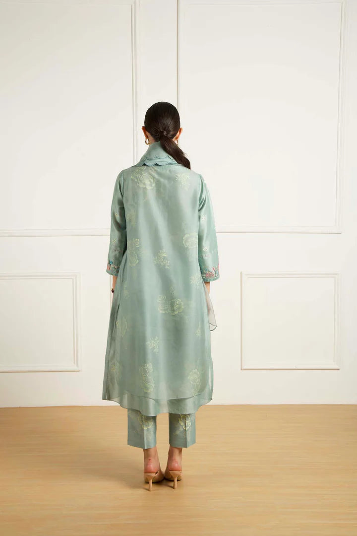 Mint Double Layer Tunic And Pants In Silk Chanderi With Amaltas Embroidery