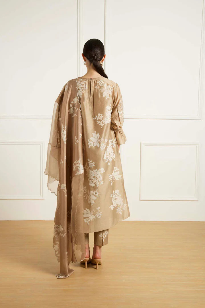 Beige Discharge Print Tunic In Silk Chanderi With Dori Embroidery And Pants In Silk Chanderi