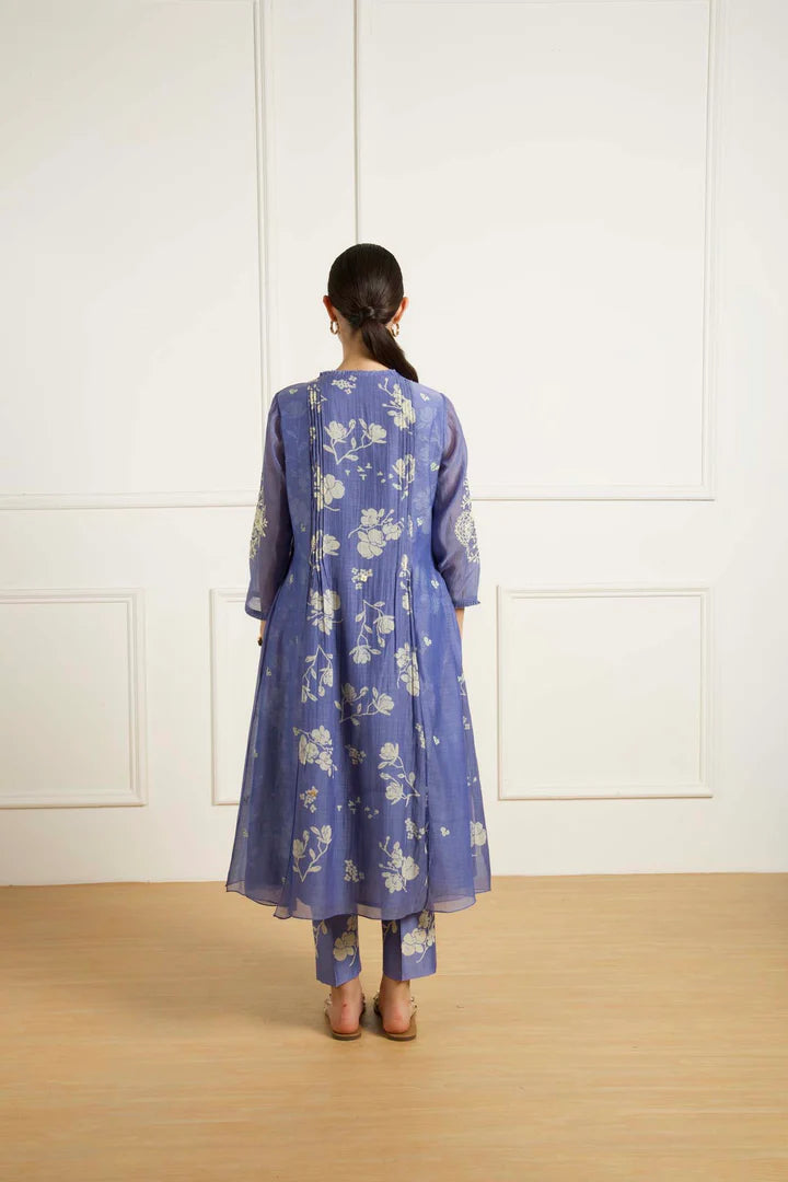 Twilight Pleated Tunic In Mul Chanderi And Printed Pants In Silk Chanderi