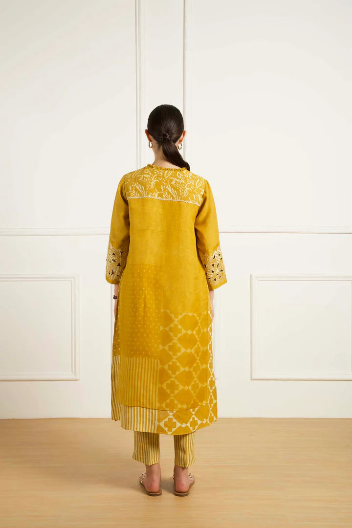 Ochre Discharge Print Double Layer Tunic In Linen And Pants In Linen