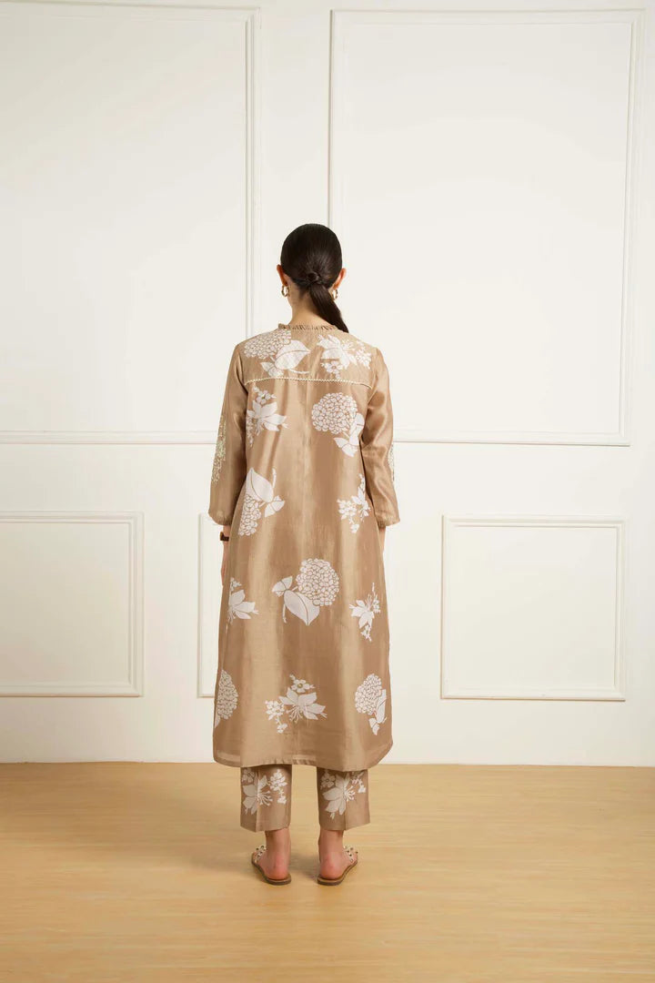 Beige Pleated Yoke Tunic In Silk Chanderi With Dori Embroidery And Pants In Silk Chanderi