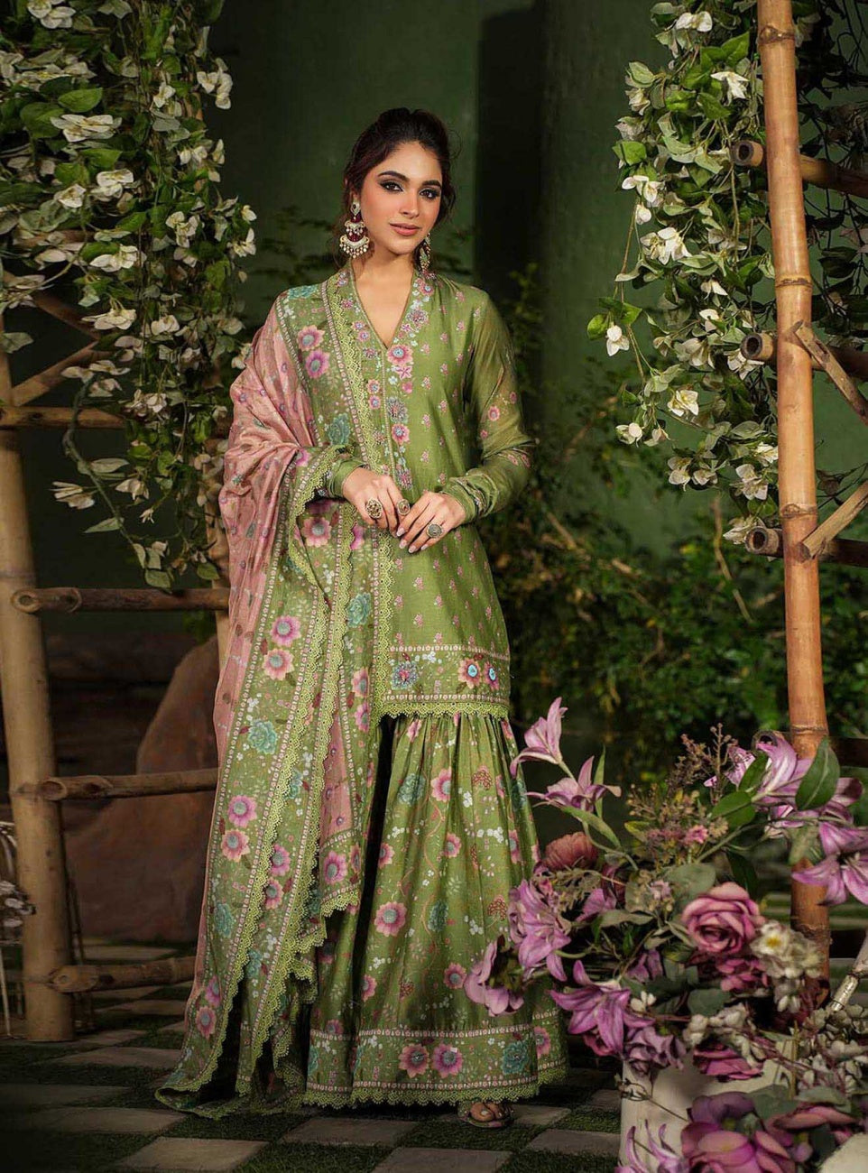Girl Printed Floral Sharara Set - Green