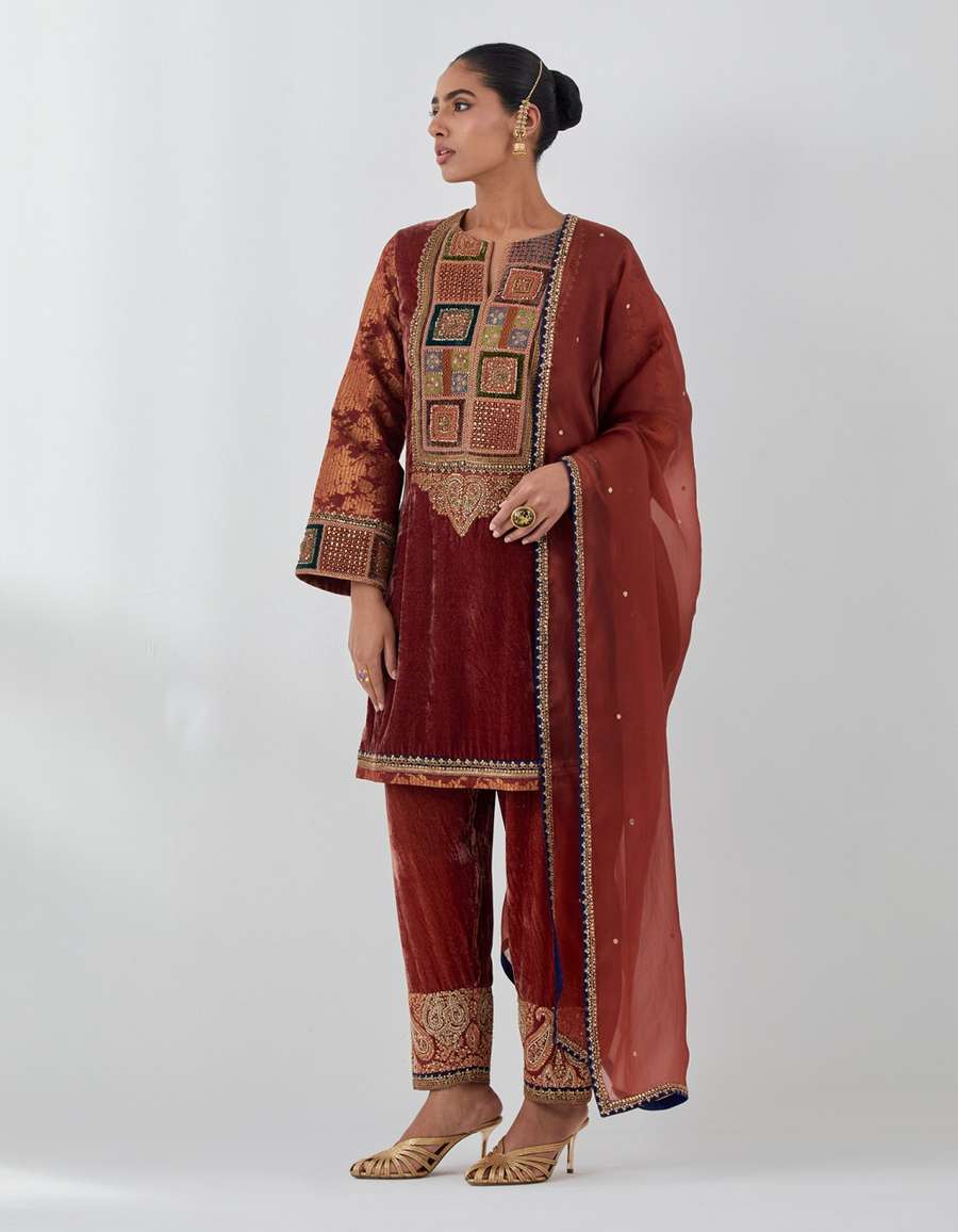 Rust Velvet Short Kurti With Brocade Sleeve Set