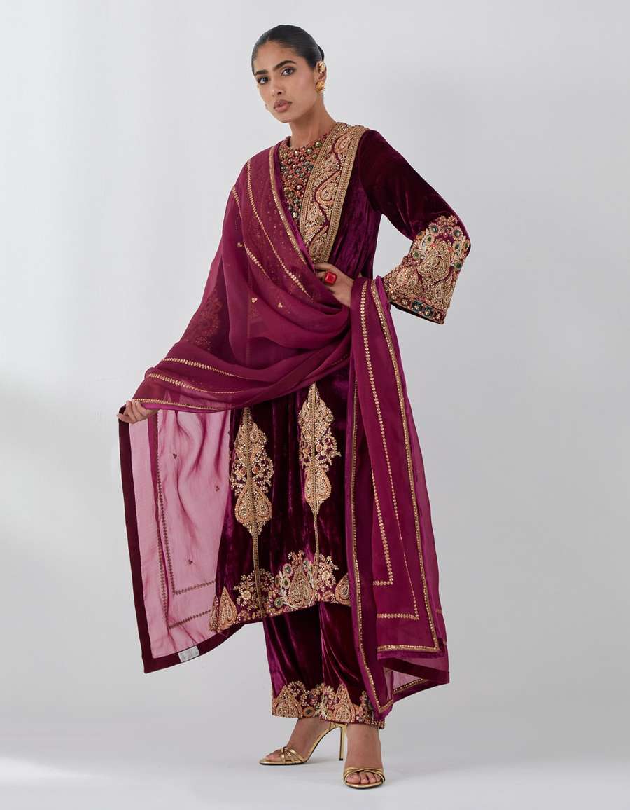 Burgundy Velvet A Line Kurta Set
