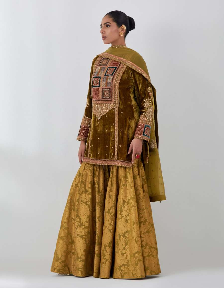 Champagne Velevt Short Kurti With Brocade Sharara Set