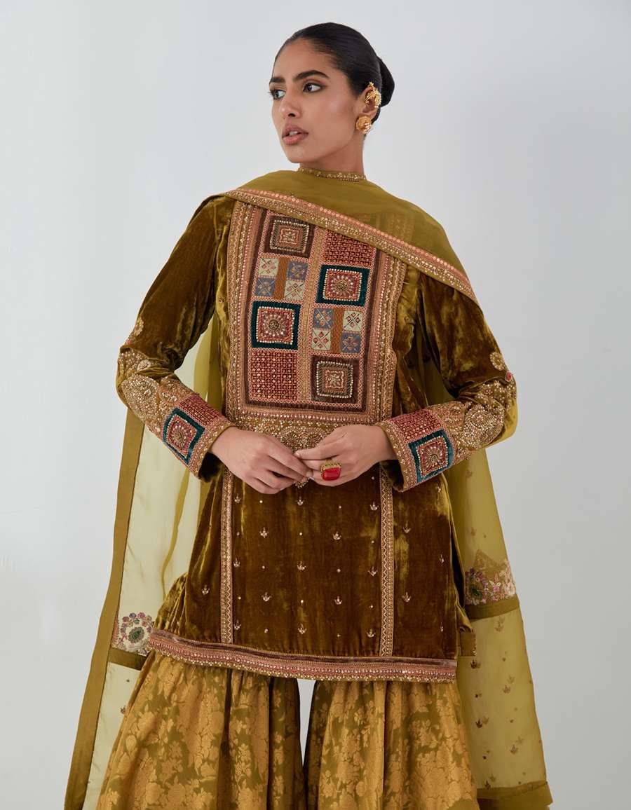 Champagne Velevt Short Kurti With Brocade Sharara Set