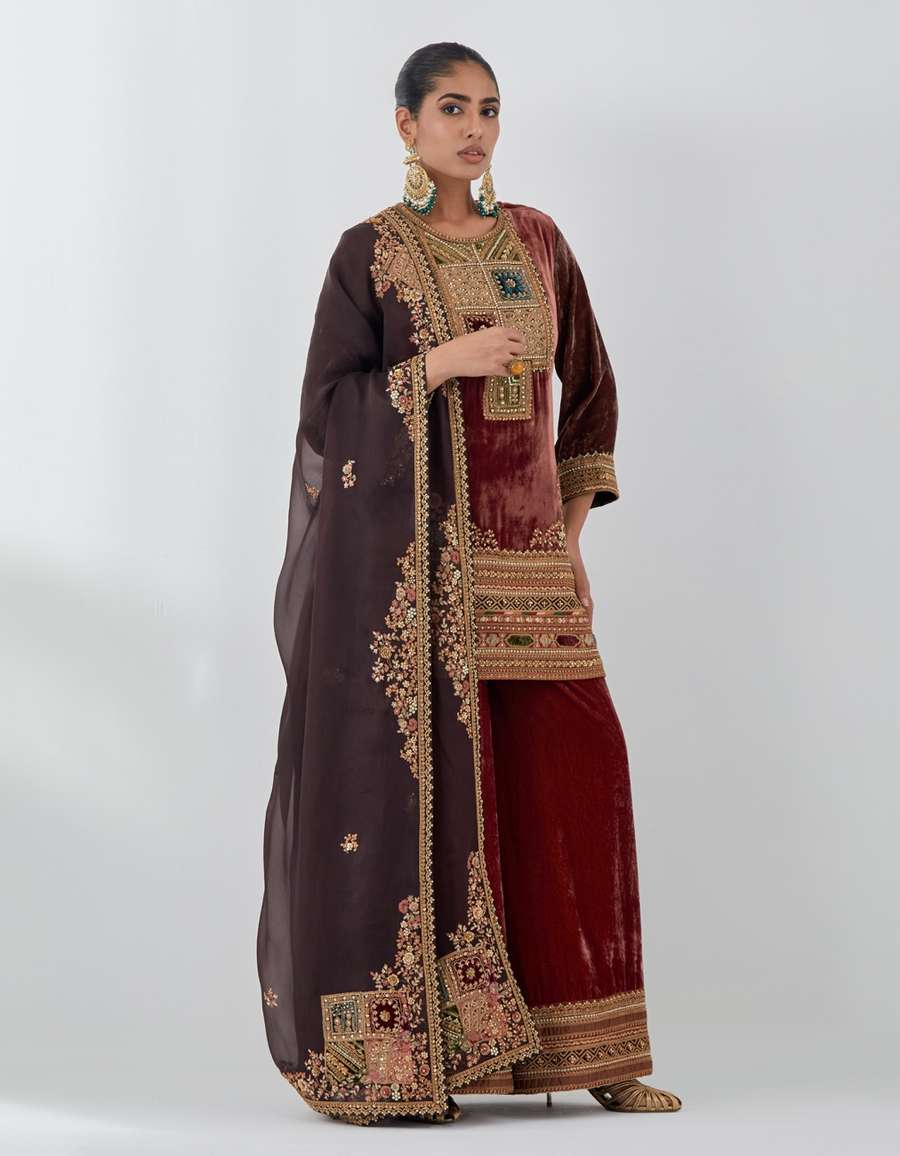 Rust Short Kurti With Velvet Sharara Set
