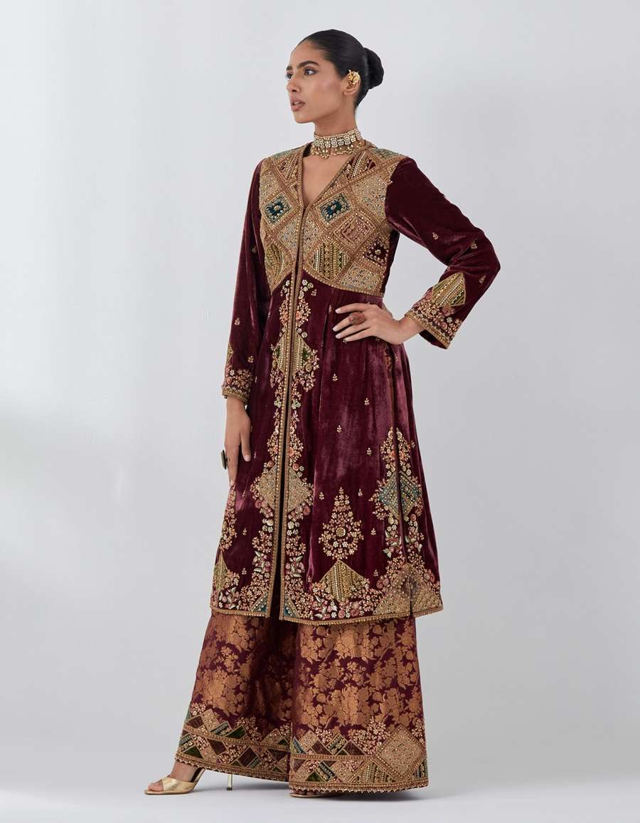 Mauve Velvet Long Jacket With Brocade Pants