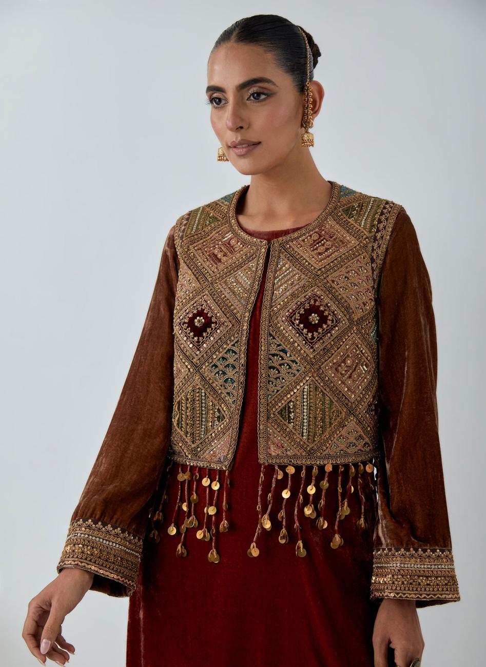 Dark Rust Jacket Kurta Set