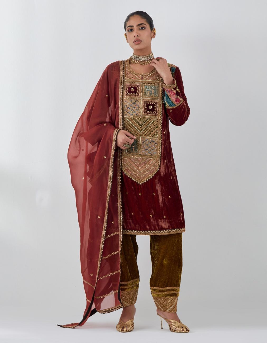 Dark Rust Velvet Long Yoke Knee Length Kurta Set