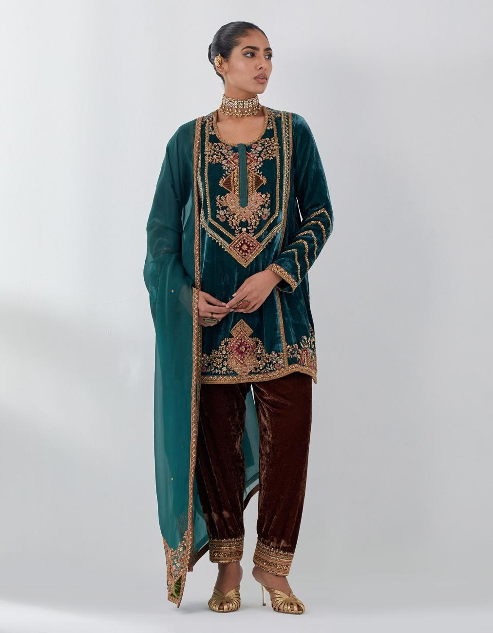 Teal Velvet Short Kurta Salwar & Dupatta