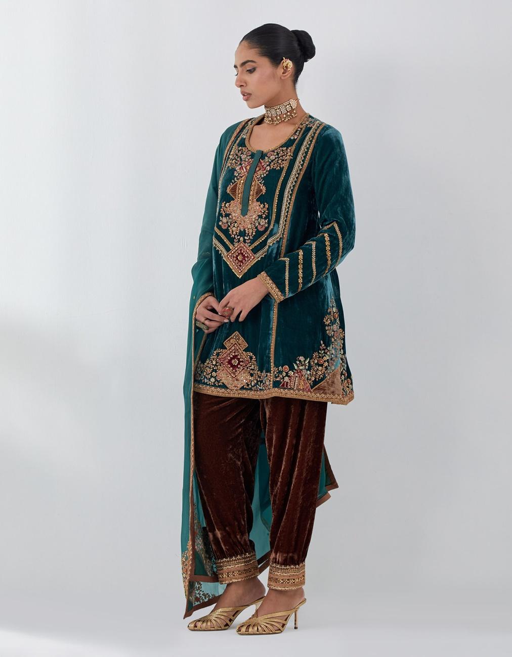 Teal Velvet Short Kurta Salwar & Dupatta