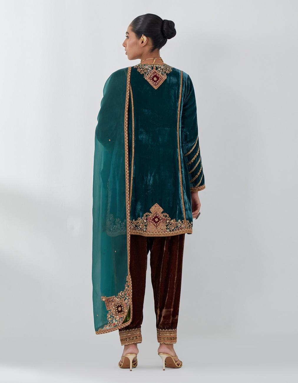 Teal Velvet Short Kurta Salwar & Dupatta